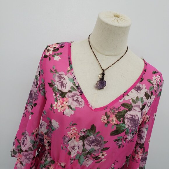 NWT Womens Floral Swimsuit Coverup Sz M Pink Sheer Cinched Waist V-Neck Beach‎ - Picture 5 of 16
